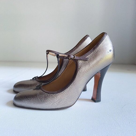Marni Metallic Gold Mary Jane T Strap Almond Toe  Heels 36.5 - Picture 5 of 8